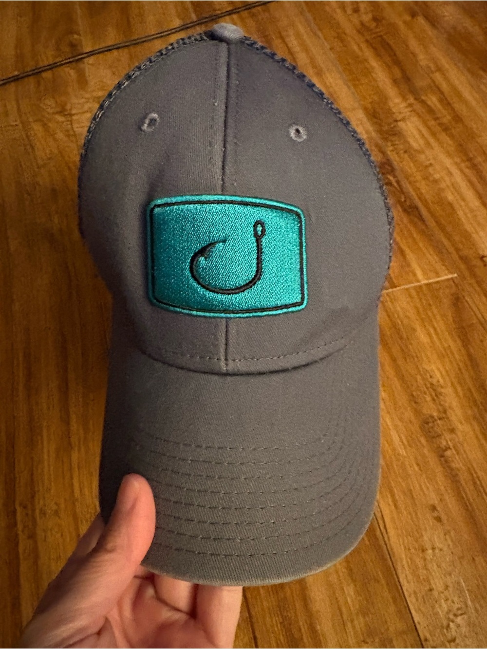 Gray Men’s Baseball Cap with Teal Fishing Hook Patch